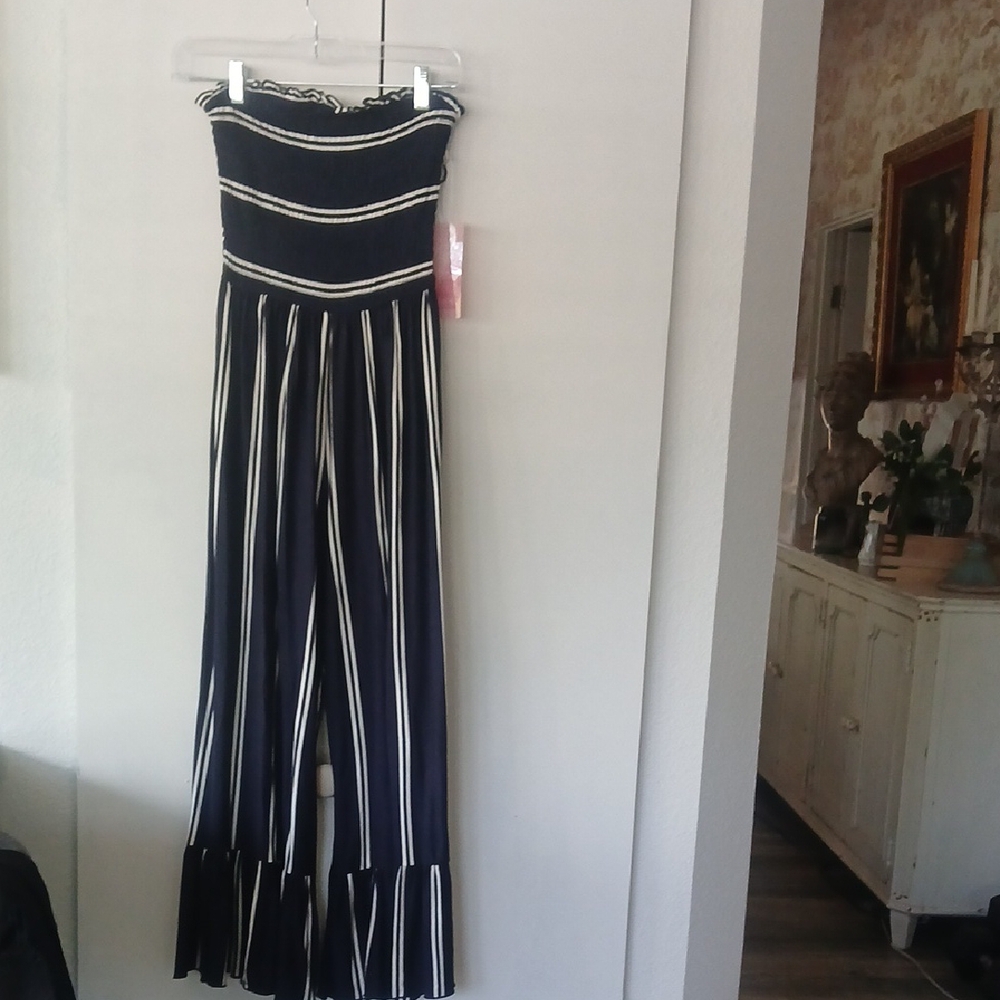 Nautical Blue and White Striped Jumpsuit with Flowy Palazzo Pants